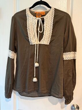 Tory Burch Olive Green Peasant Blouse with Cream Lace Trim